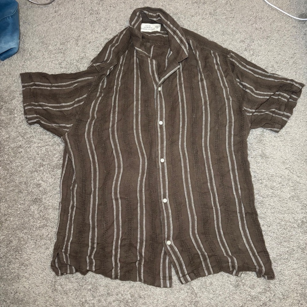 Abercrombie & Fitch Mens XXLT Brown Striped Linen Blend Camp Shirt Short Sleeve